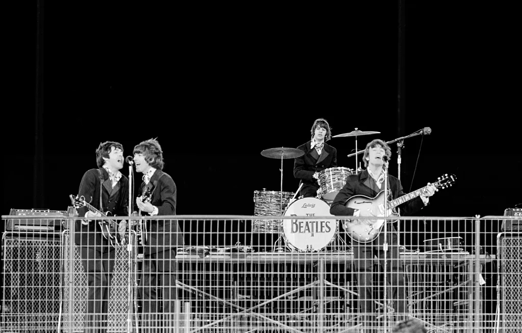 A photo of the Beatles onstage at Candlestick Park on August 29, 1966.